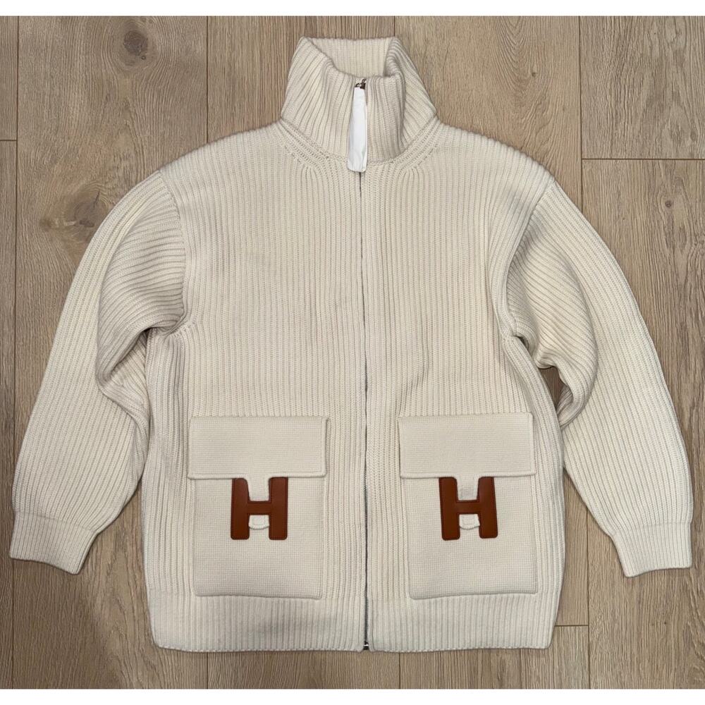 Hermes H Pocket Logo Blanc Zip Up Zipper Cardigan Sweater Wool Knit Jacket 38 - Picture 2 of 16